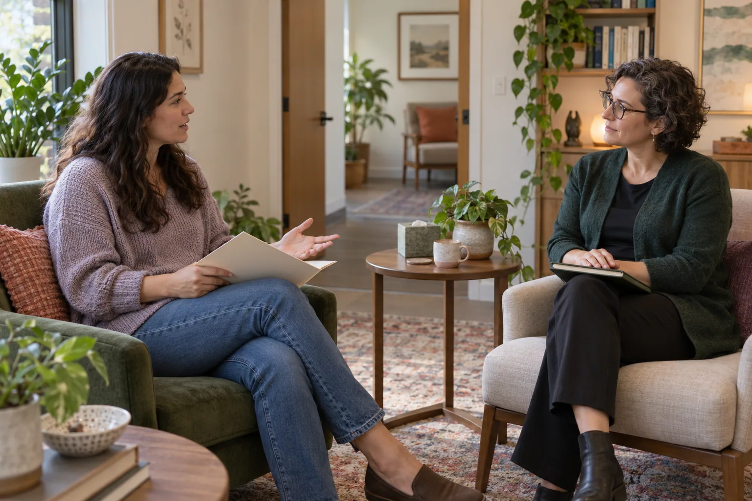 An adult asks questions during a first professional consultation.