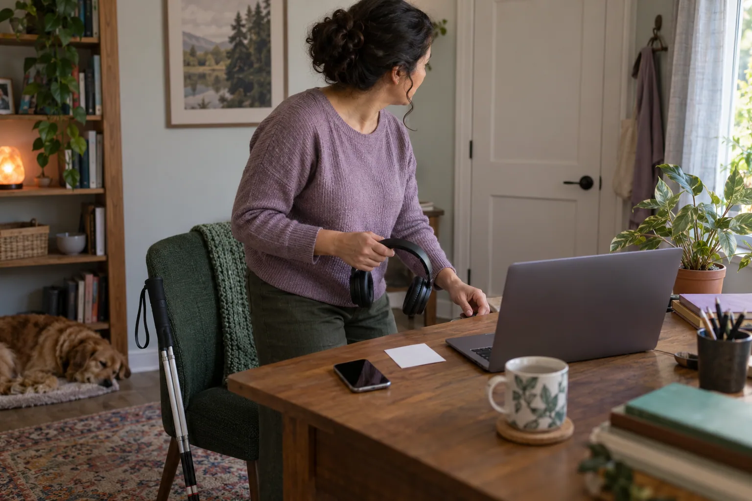 Una persona adulta prepara audífonos, una computadora, un teléfono y una tarjeta de plan en blanco en una habitación privada.