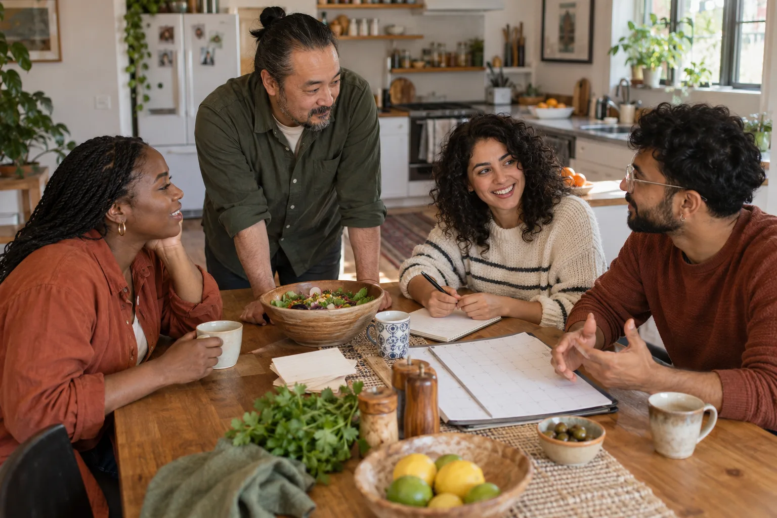 Four adults plan a shared celebration and meal around a dining table.