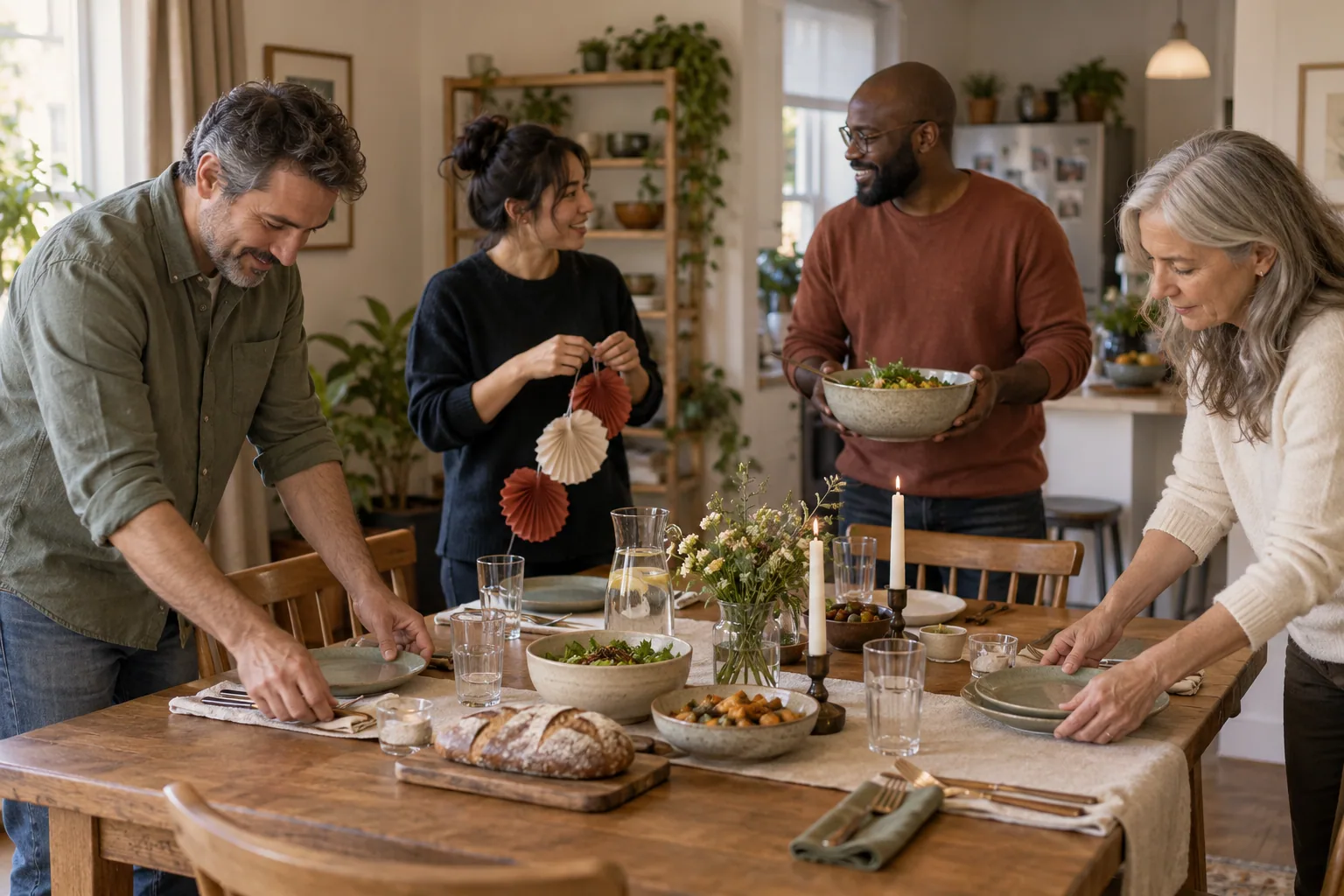 Cuatro personas adultas preparan una mesa compartida y decoraciones sencillas en una casa.