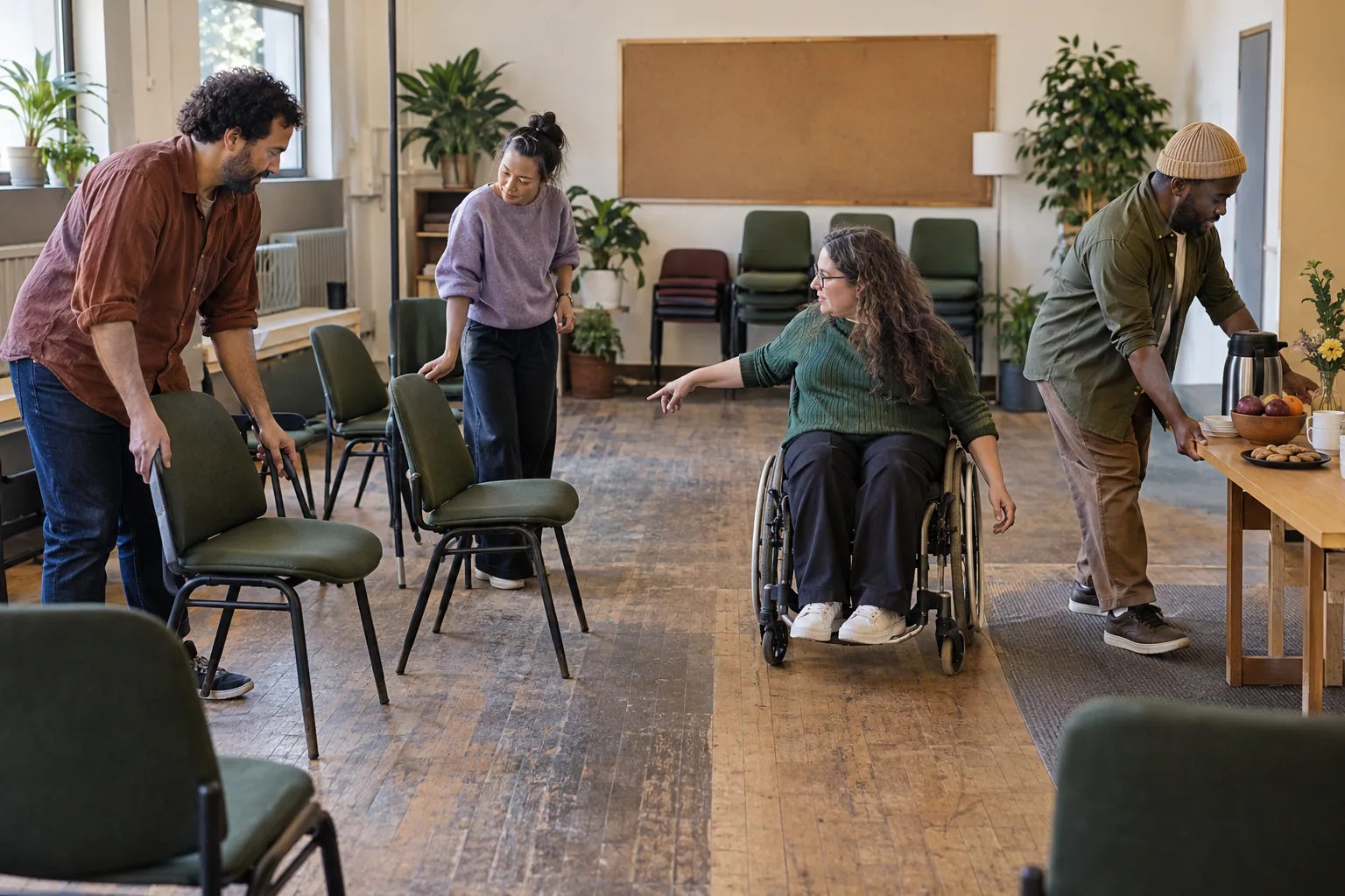 Cuatro personas adultas acomodan sillas y un paso accesible en un salón comunitario.