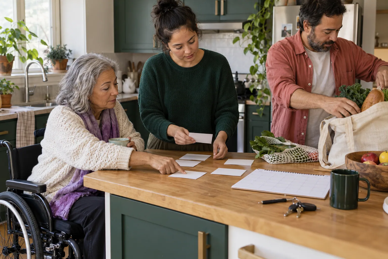 Three adults divide caregiving and household tasks with blank cards at an accessible kitchen counter.