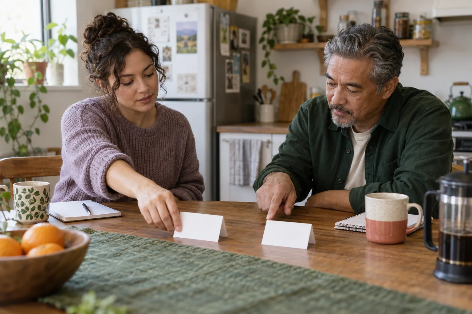 Two adults arrange blank cards while making a practical plan.