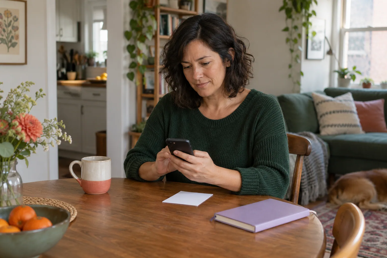 An adult prepares a short message on a phone at a dining table beside a blank card and closed notebook.