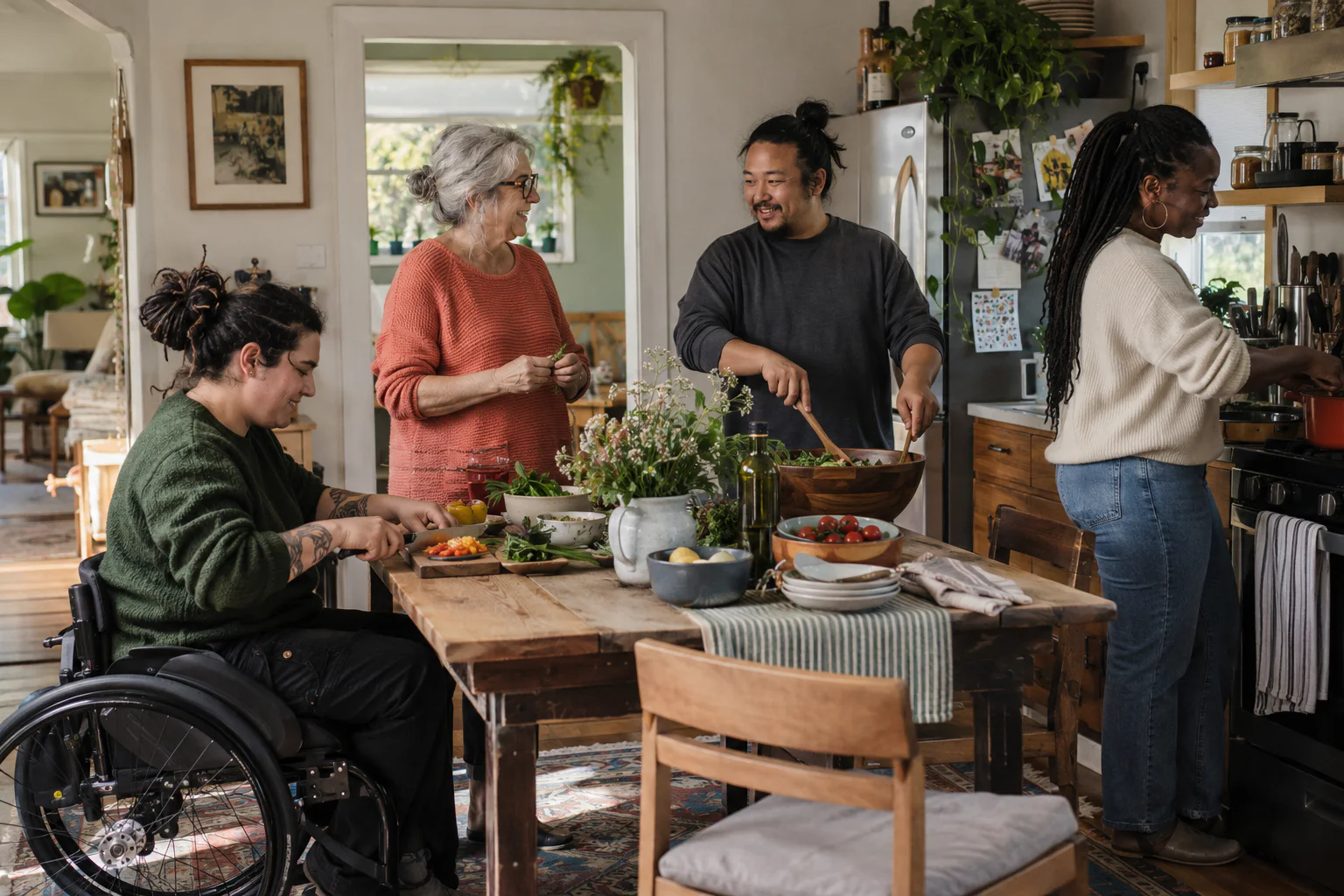 Four adults from different generations prepare a meal together in a home kitchen.