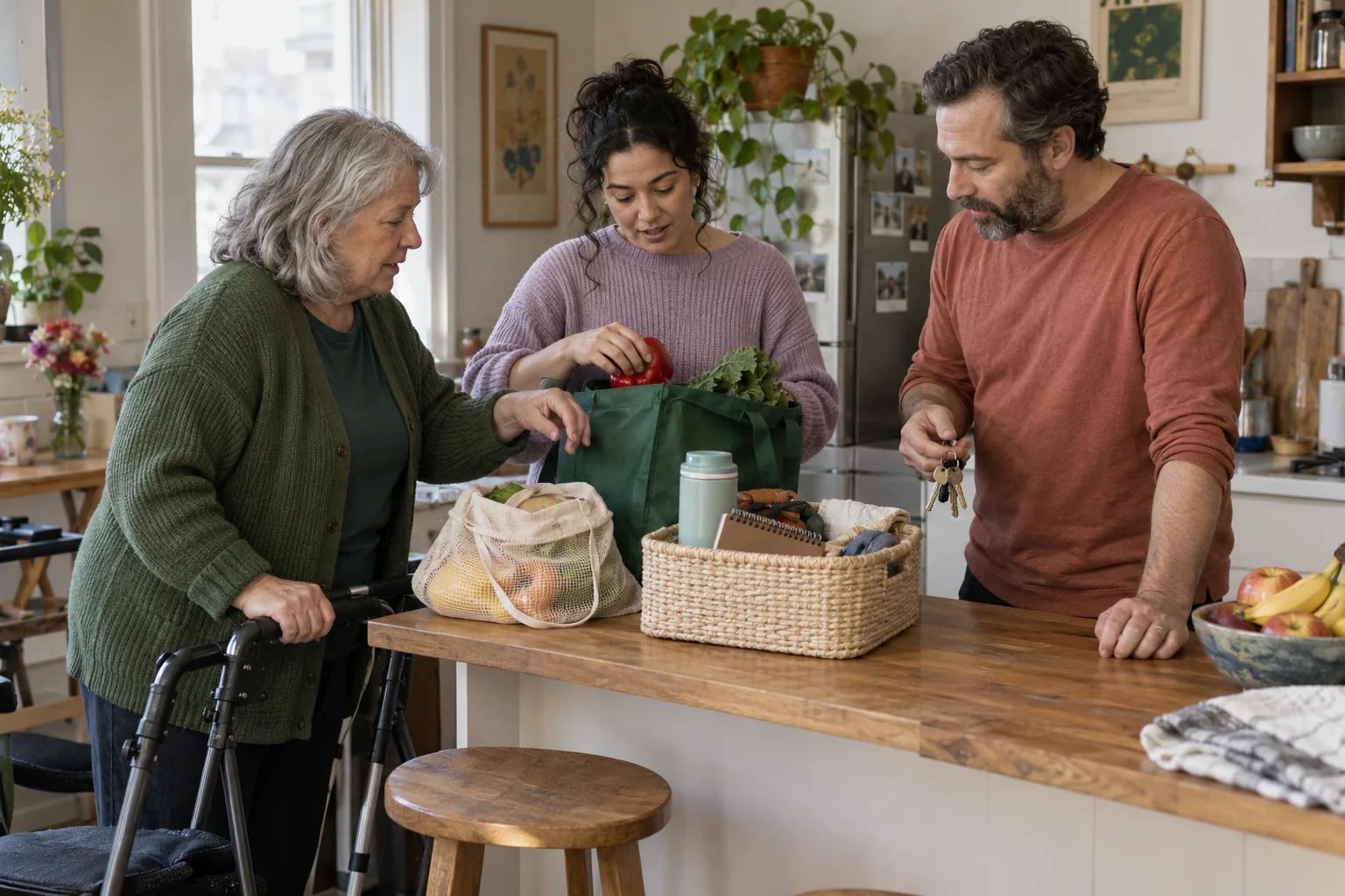 Tres personas adultas organizan compras y tareas domésticas en una cocina.