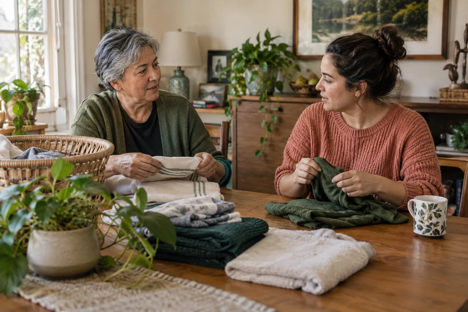 Dos personas adultas doblan ropa juntas en una mesa.