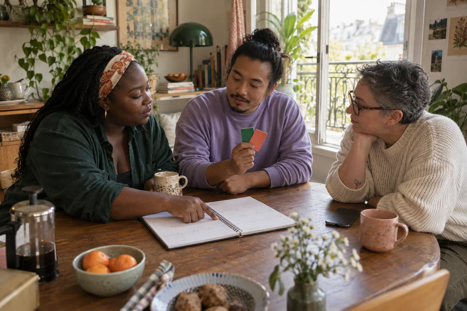 Three adults make a low-pressure friendship plan around a table.