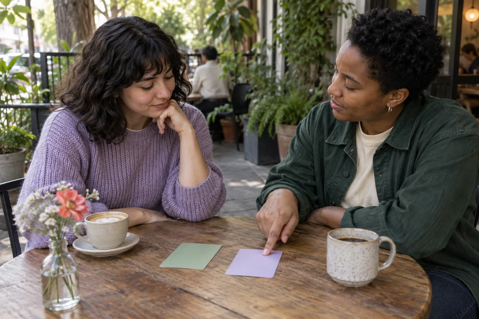 Dos personas adultas consideran dos tarjetas de actividad en blanco en una mesa de café.