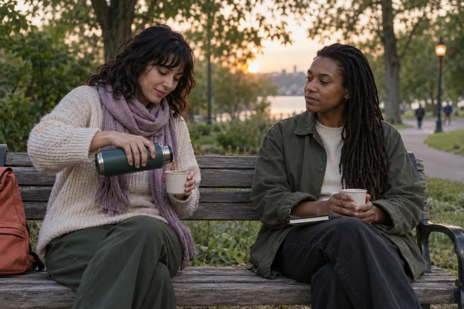 Dos personas adultas comparten té durante una conversación tranquila en una banca del parque.