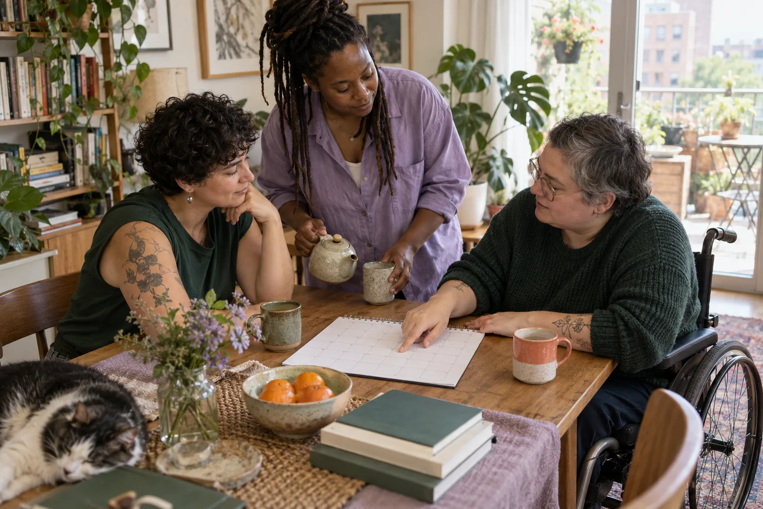 Three adults review a blank monthly calendar together over tea at a dining table.