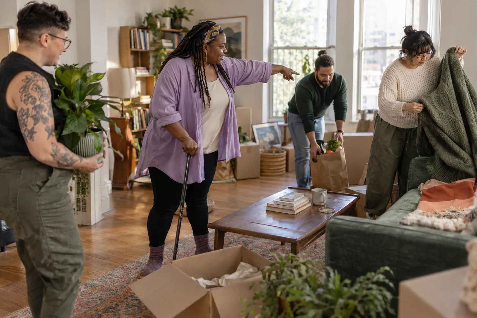 Tres personas adultas desempacan objetos domésticos juntas en un apartamento.