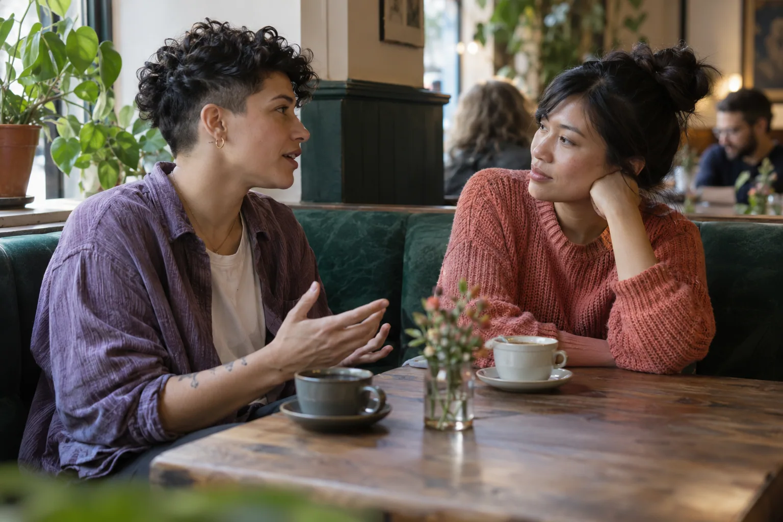 Dos personas adultas tienen una conversación privada en un rincón tranquilo de una cafetería.