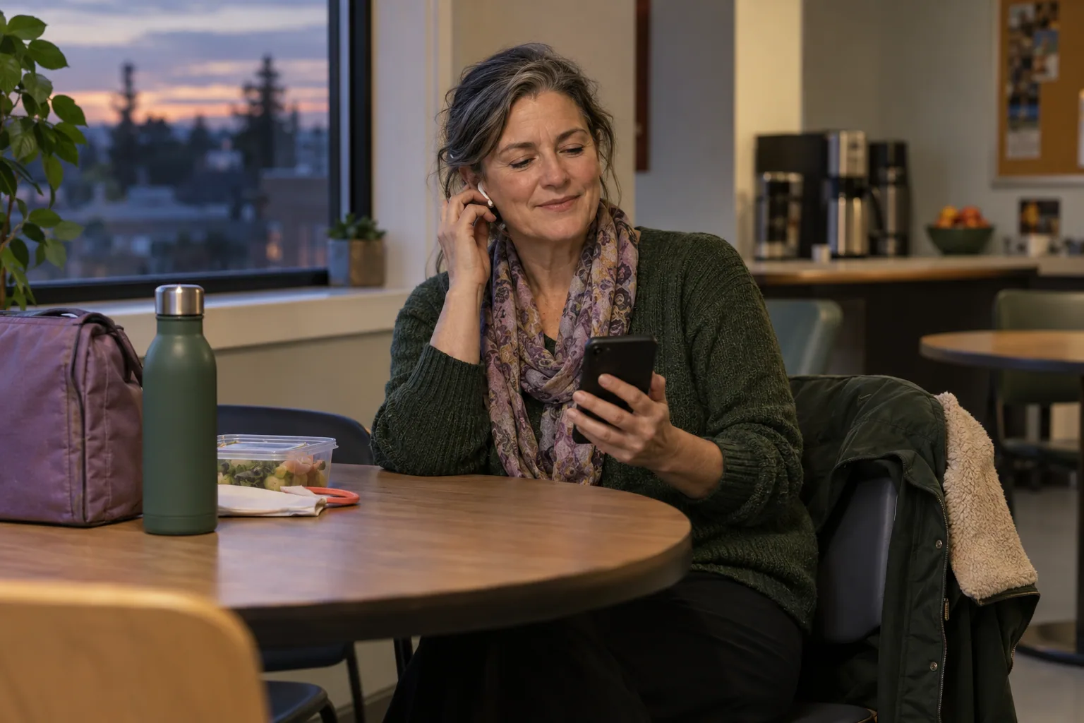 An adult listens to a voice note during a quiet work break near a window.
