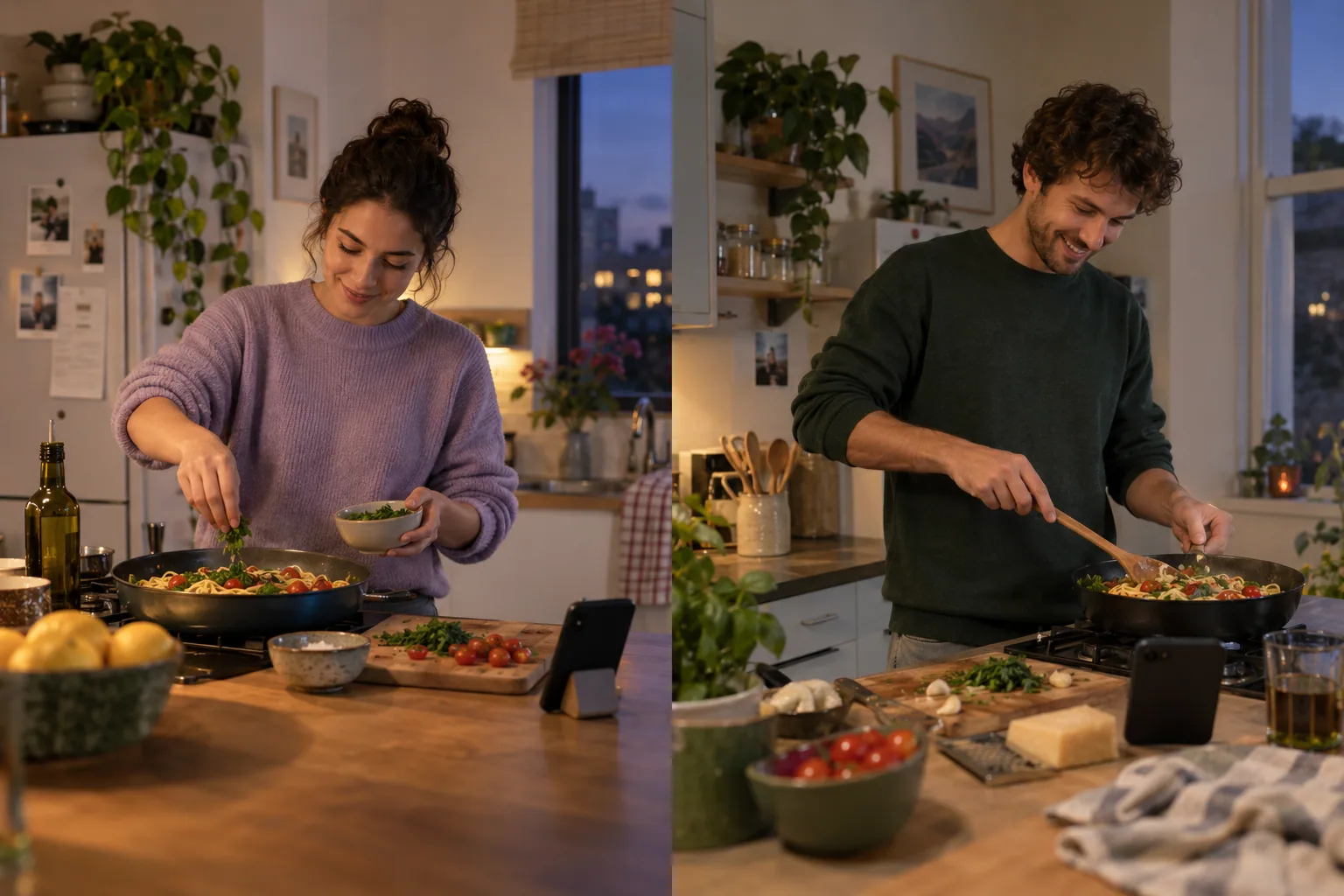 Two adults cook the same meal in separate kitchens while connected by audio.