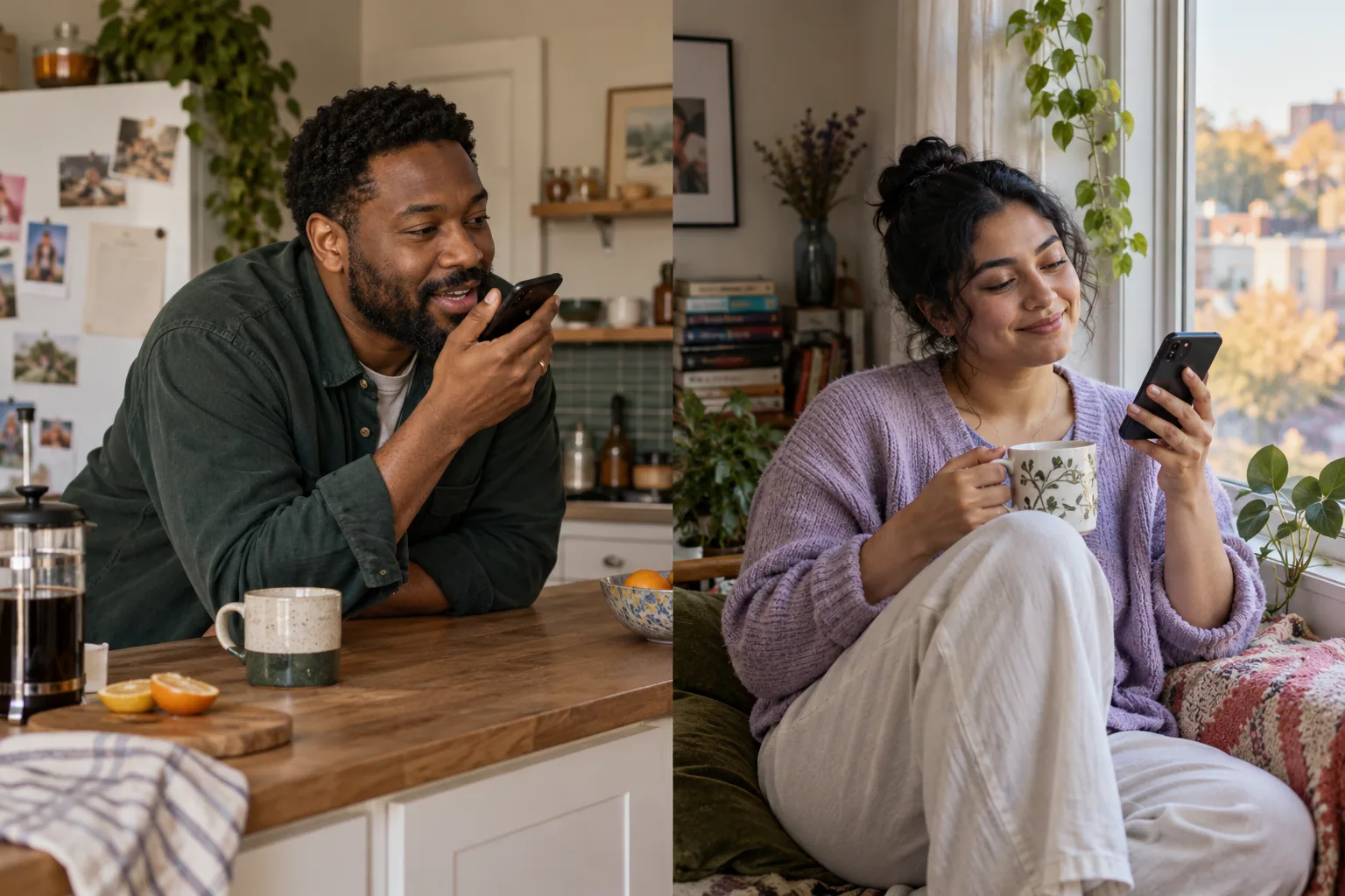 Two adults exchange a voice note from separate homes.