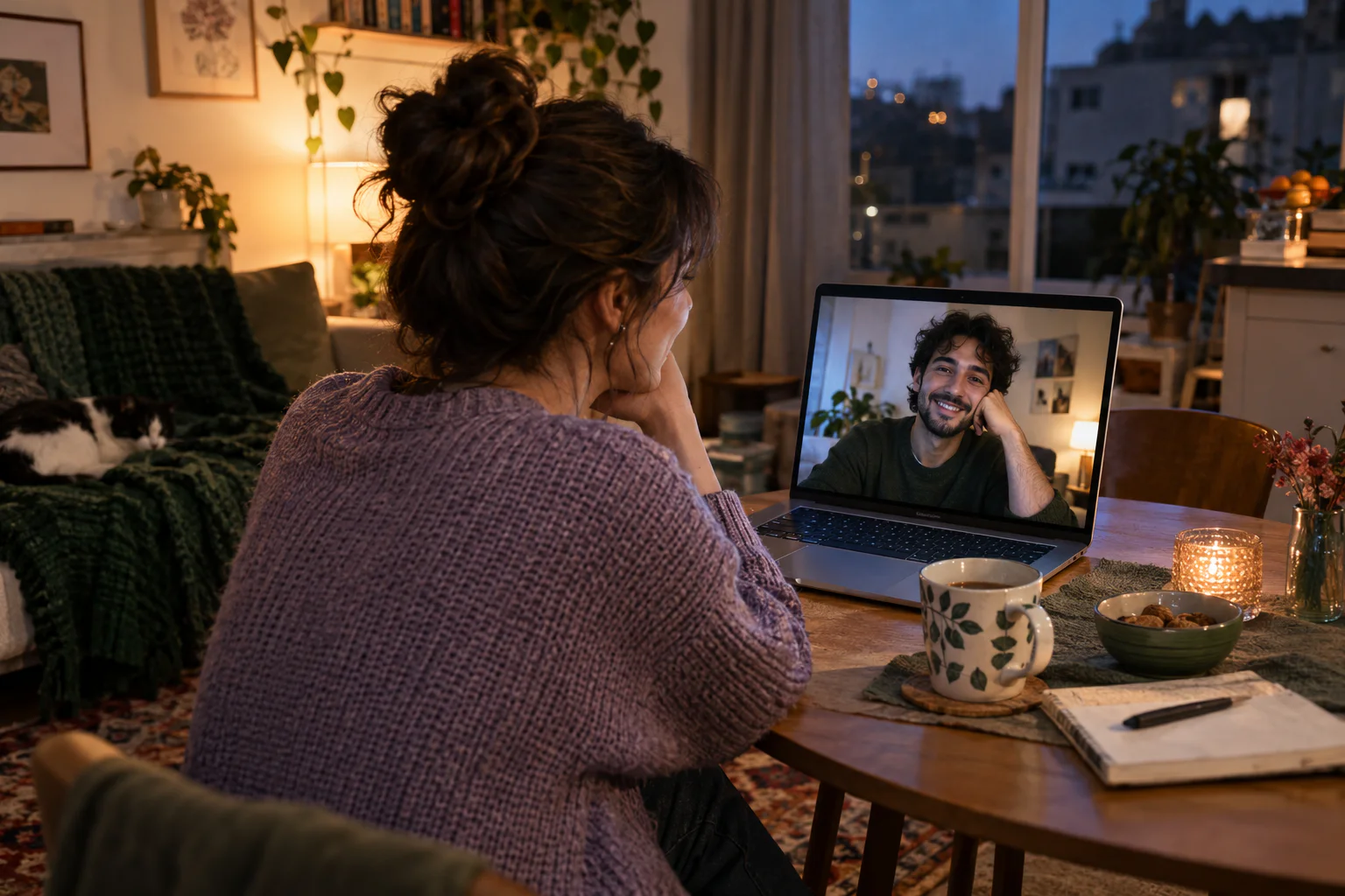 Two adults share an evening video call from separate homes.