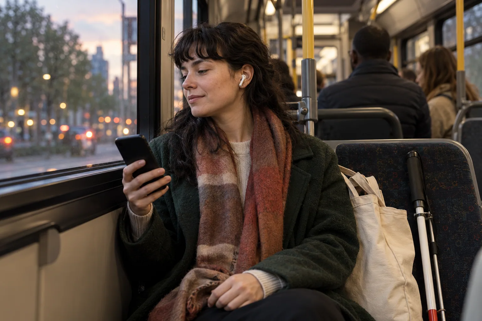 Una persona adulta escucha con un auricular mientras viaja a casa en un autobús urbano.