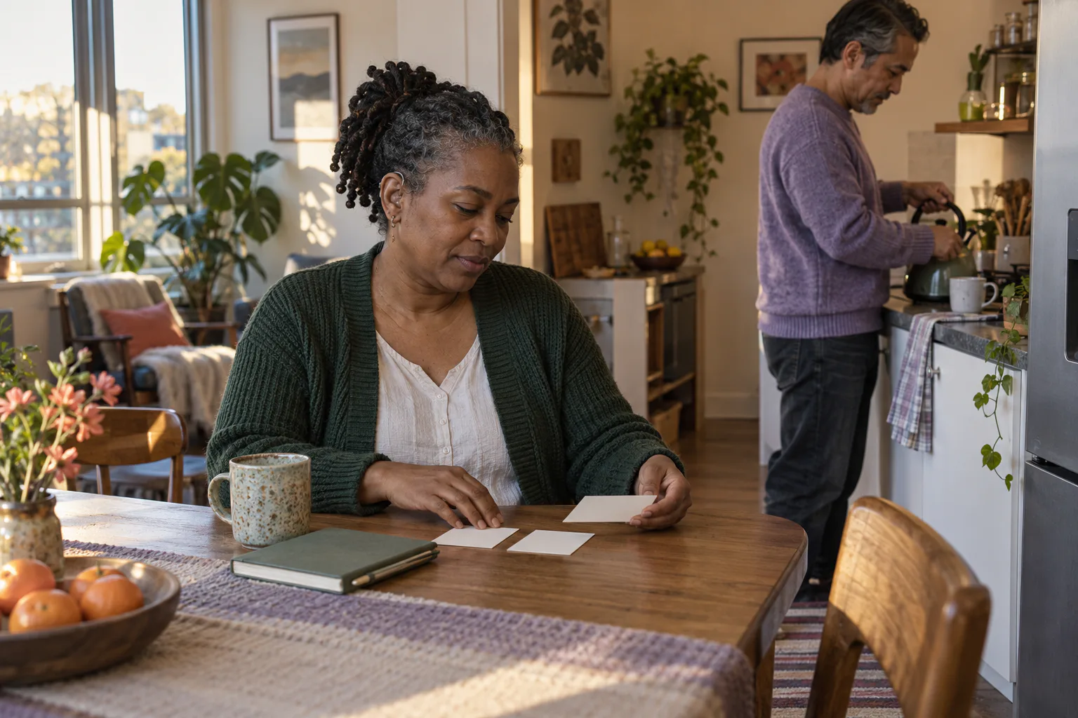 A woman sorts three blank cards at a table while another adult prepares tea nearby.