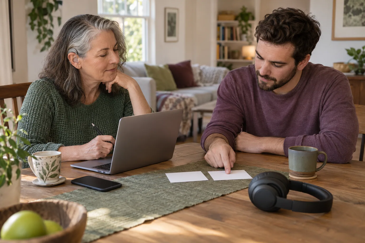 Two adults compare an accessible communication channel and two blank time cards.