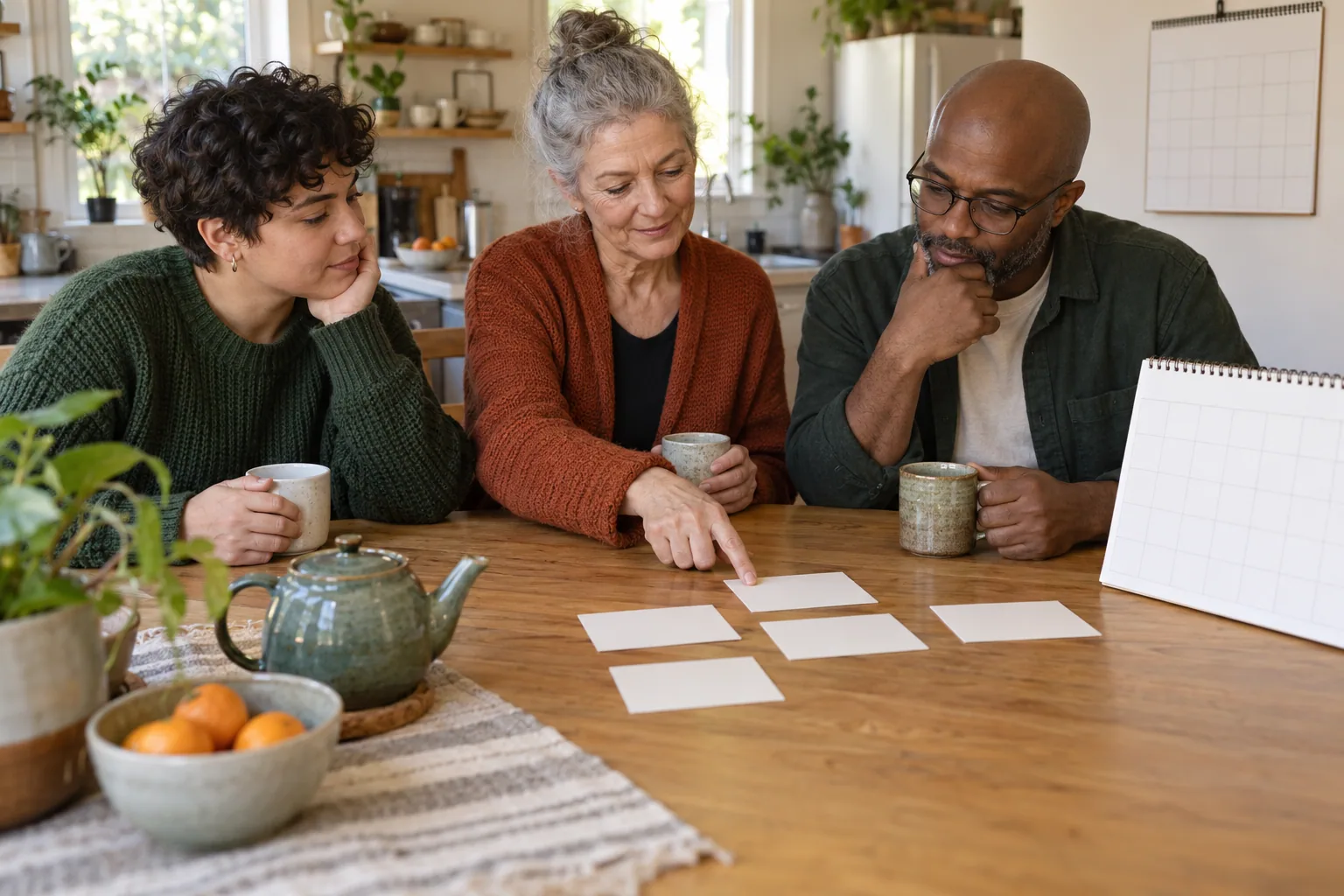 Three adults choose one topic for a future family conversation around a table.