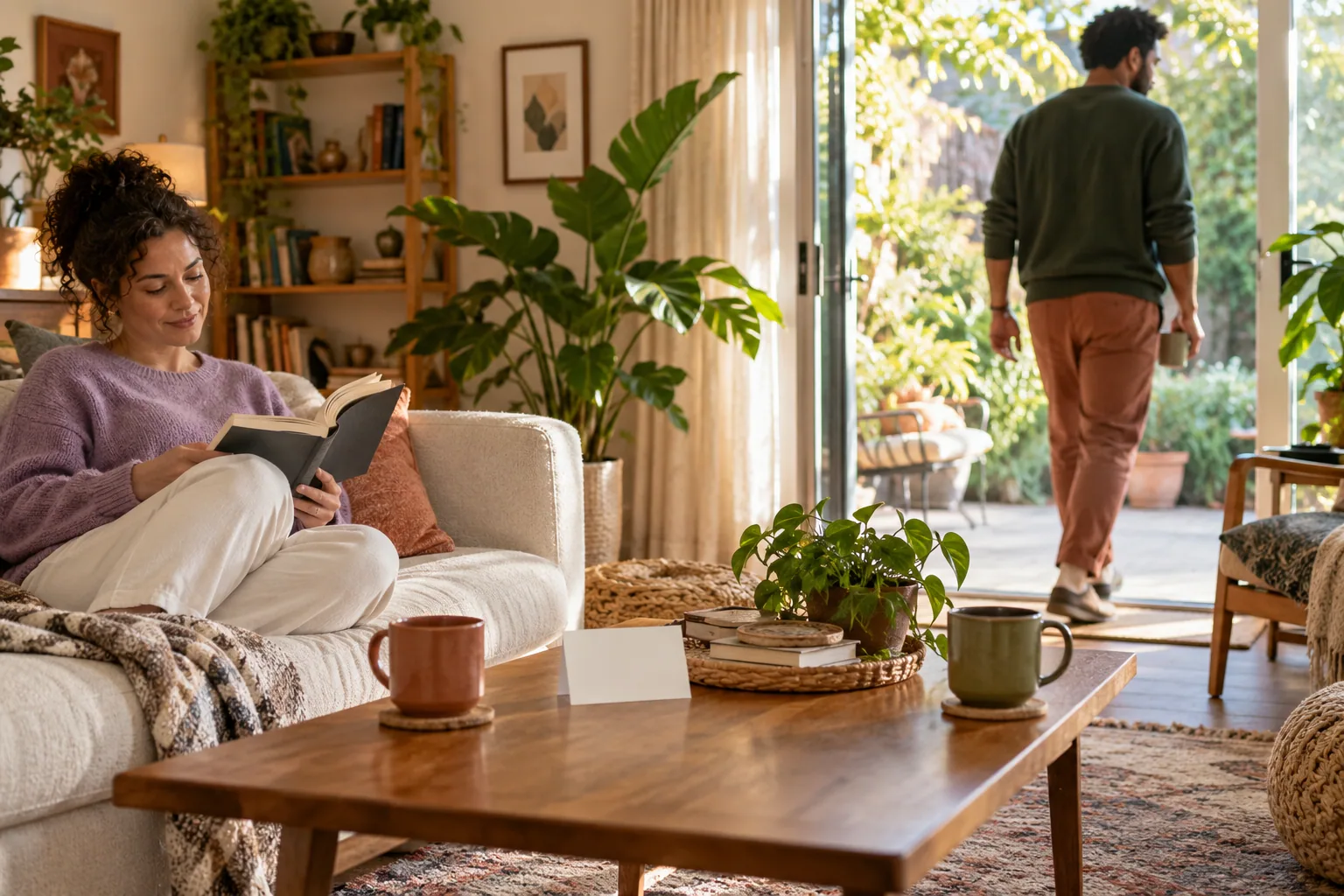 Two adults take a calm pause in separate spaces of the same home.