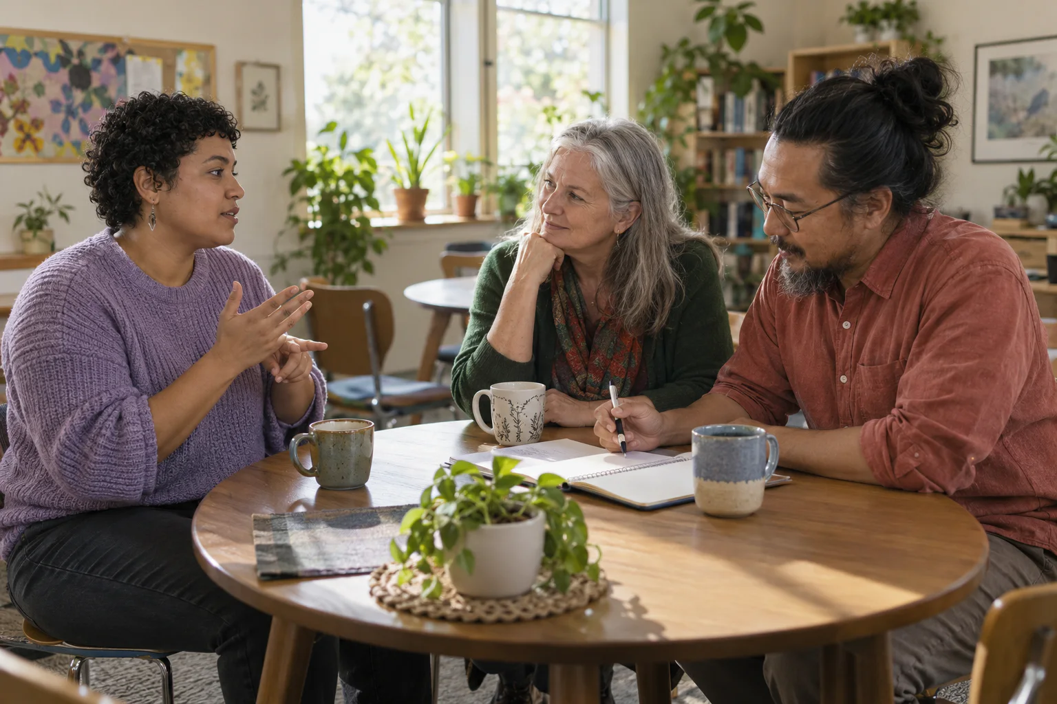 Three adults talk around a table with a shared notebook and mugs.