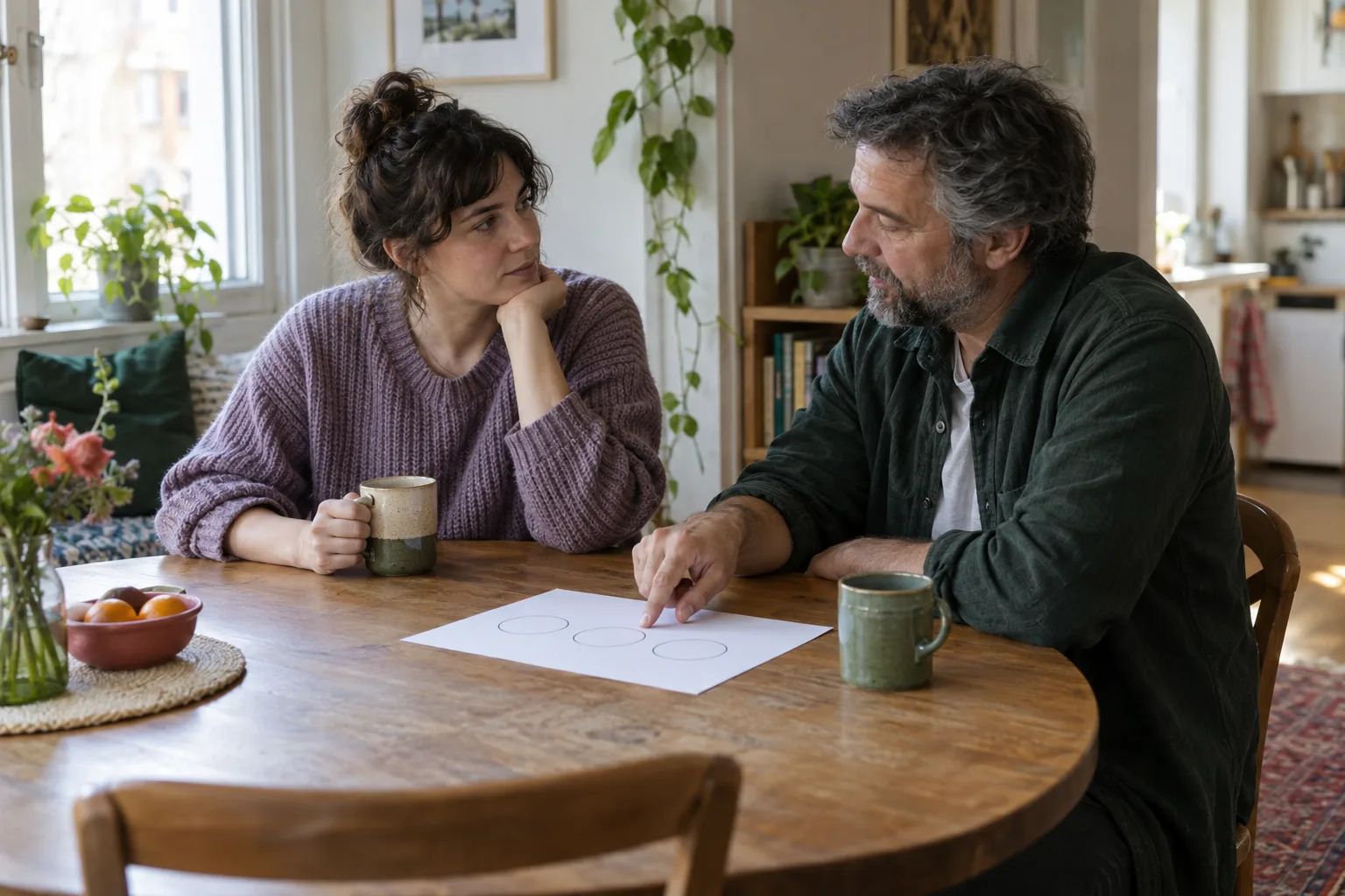 Two adults talk at a dining table while one points to three blank circles on a sheet of paper.