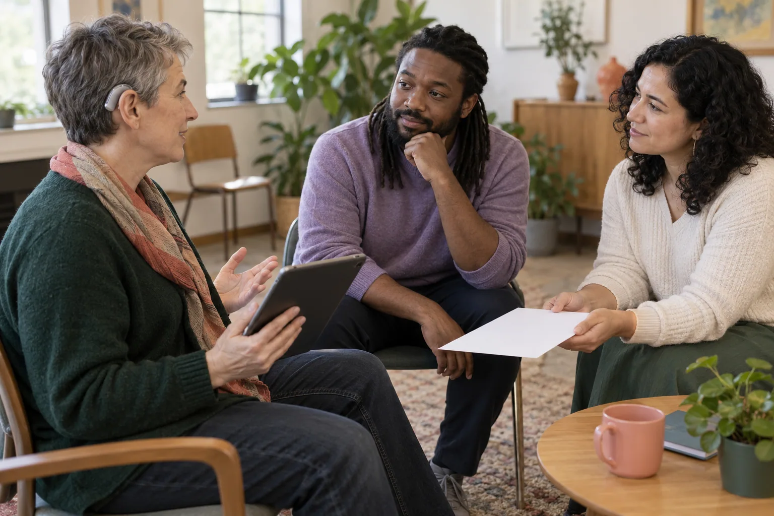 Three adults use a tablet and a blank page during an accessible conversation in a community room.