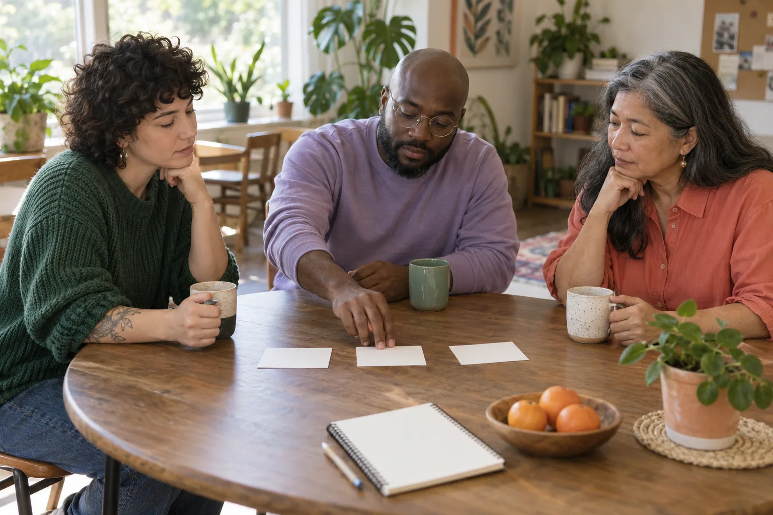 Three adults sort three blank cards while discussing a practical decision.