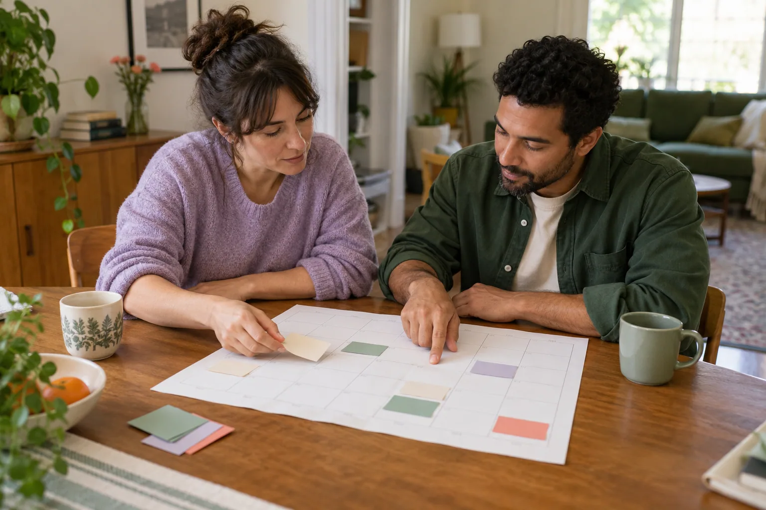 Two adults revise a shared plan by moving blank cards on a monthly calendar.