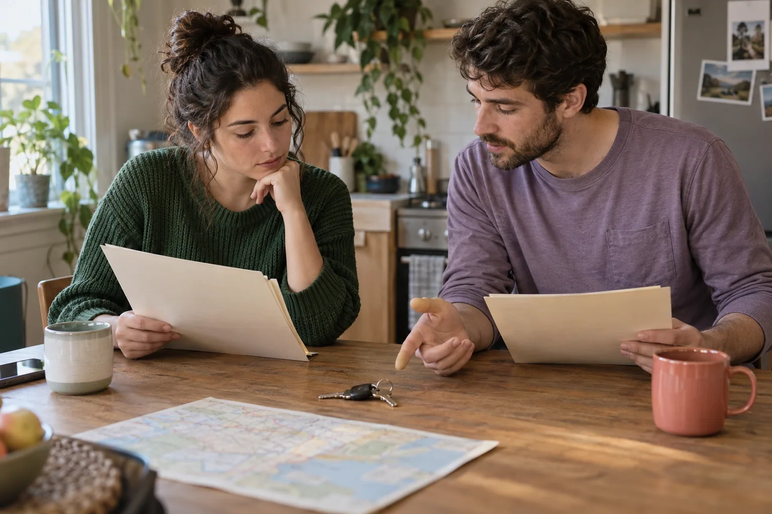 Dos personas adultas revisan carpetas separadas junto a unas llaves y un mapa doblado.