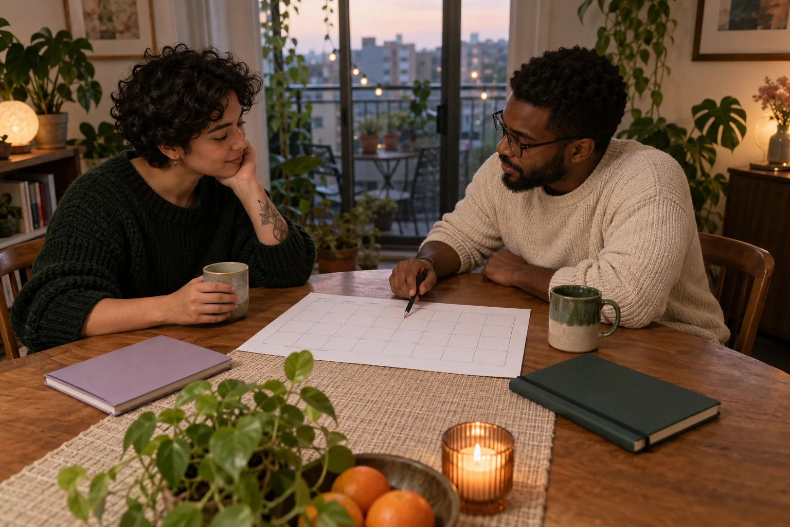 Two adults discuss a blank monthly calendar at a dining table.