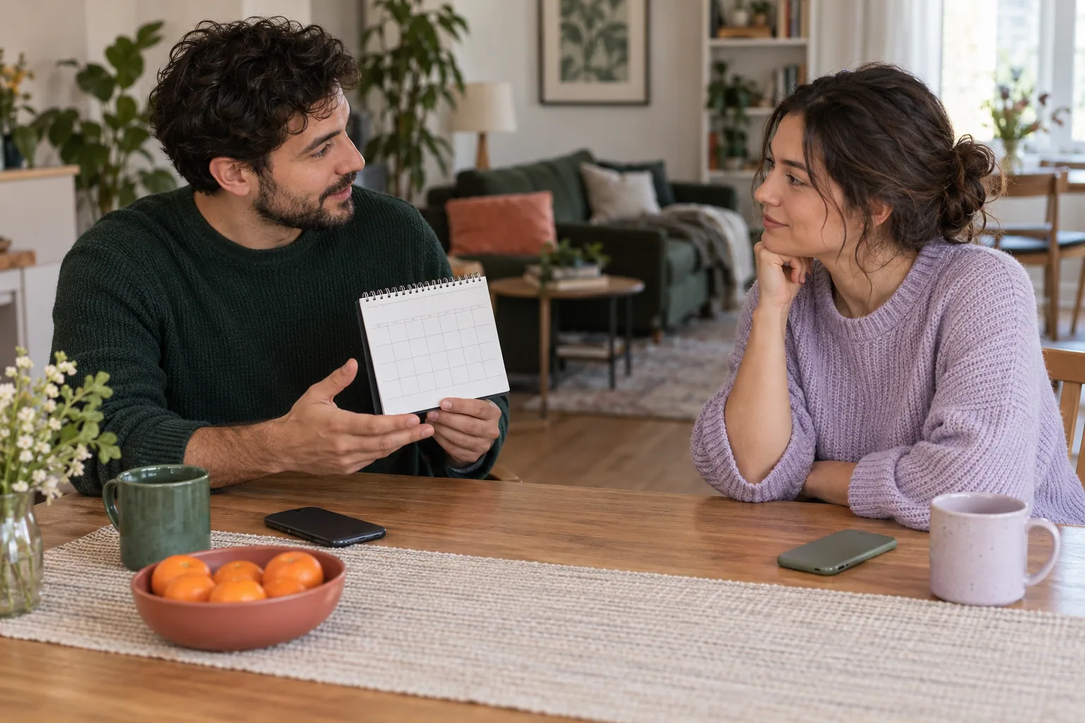 Dos personas adultas conversan sobre un calendario en blanco mientras sus teléfonos descansan por separado en la mesa.
