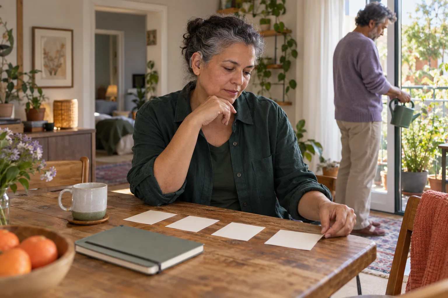 An adult sorts four blank cards while another adult waters plants nearby.