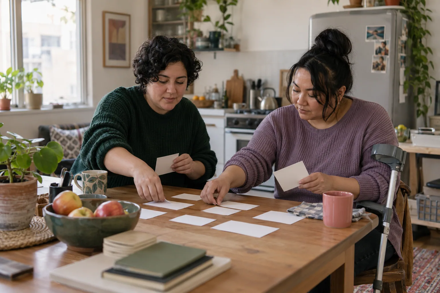 Dos personas adultas revisan un plan del hogar con tarjetas en blanco junto a una muleta de antebrazo.
